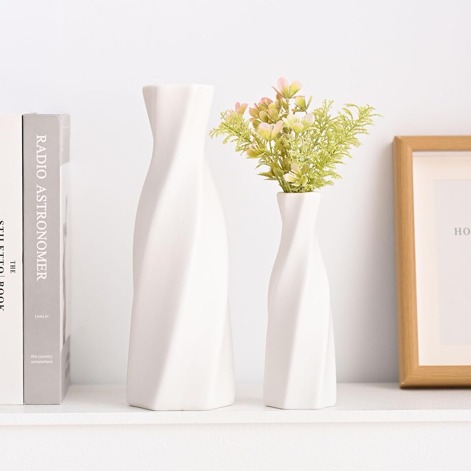 Modern Ceramic Vase - White Geometric Decorative Vases for Living Room, Mantel, Table Decoration