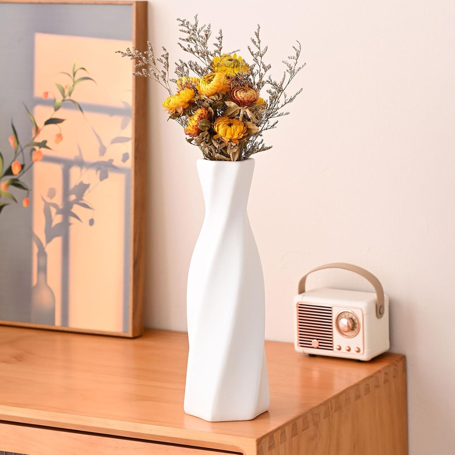 Modern Ceramic Vase - White Geometric Decorative Vases for Living Room, Mantel, Table Decoration