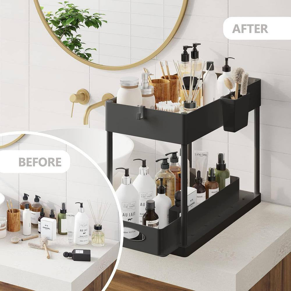 2-Tier Black Sliding under Sink Organizer Storage Cabinet Basket Drawer