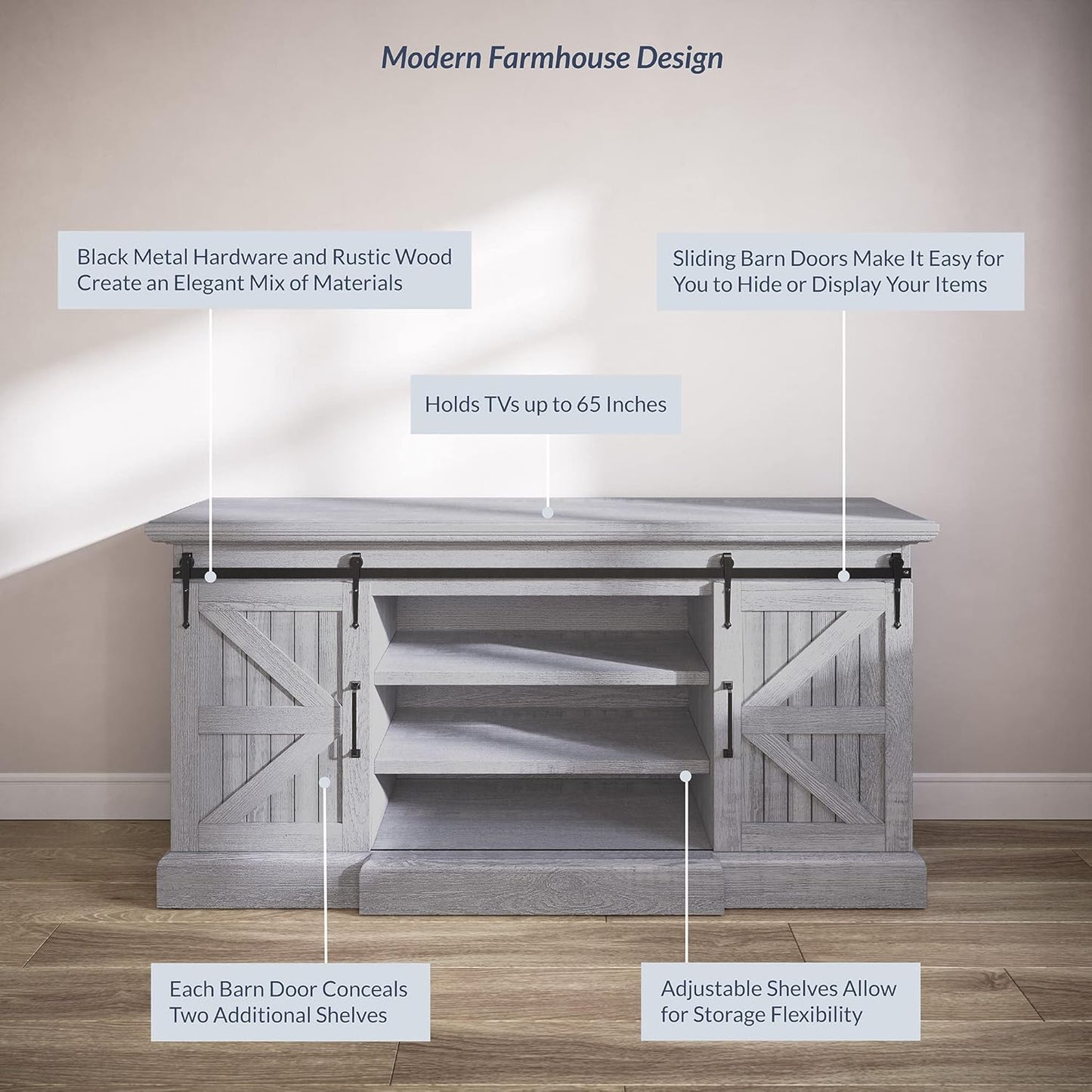 Modern 60 Inch Farmhouse TV Stand, Entertainment Center for Tvs up to 65 Inch, Storage Cabinet with Adjustable Shelves and Barn Doors - Ashford (Stone Grey)